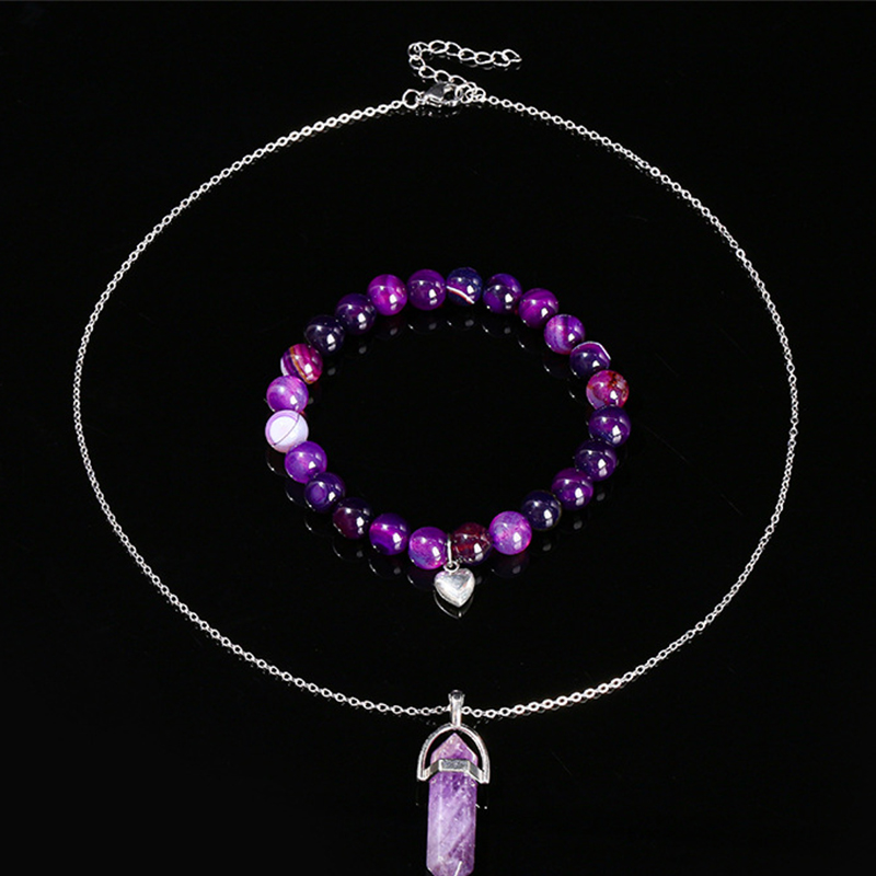 Natural amethyst necklace purple agate bracelet set