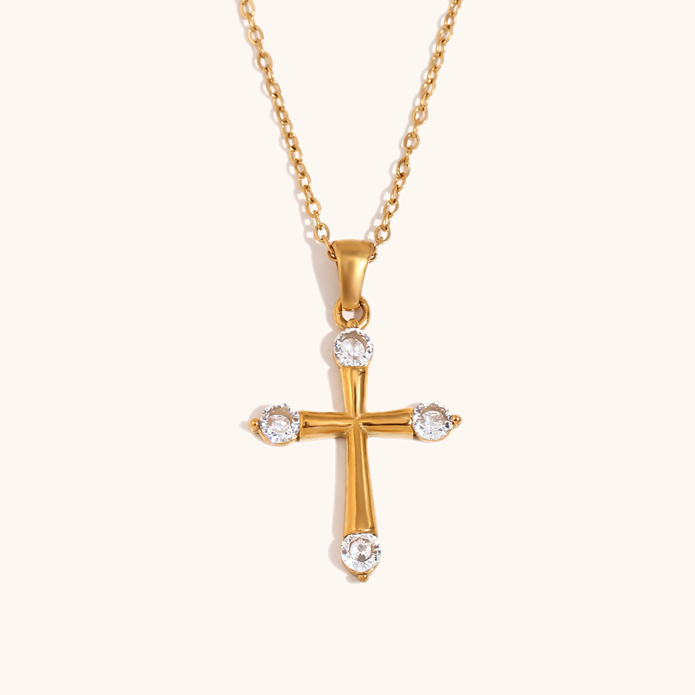 Simple cross necklace-gold-white diamond