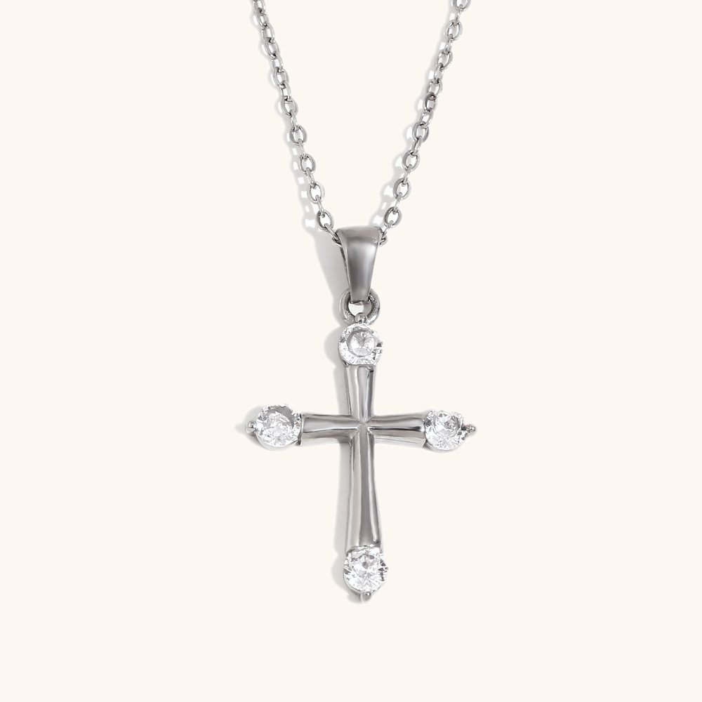 Simple cross necklace-steel color-white diamond