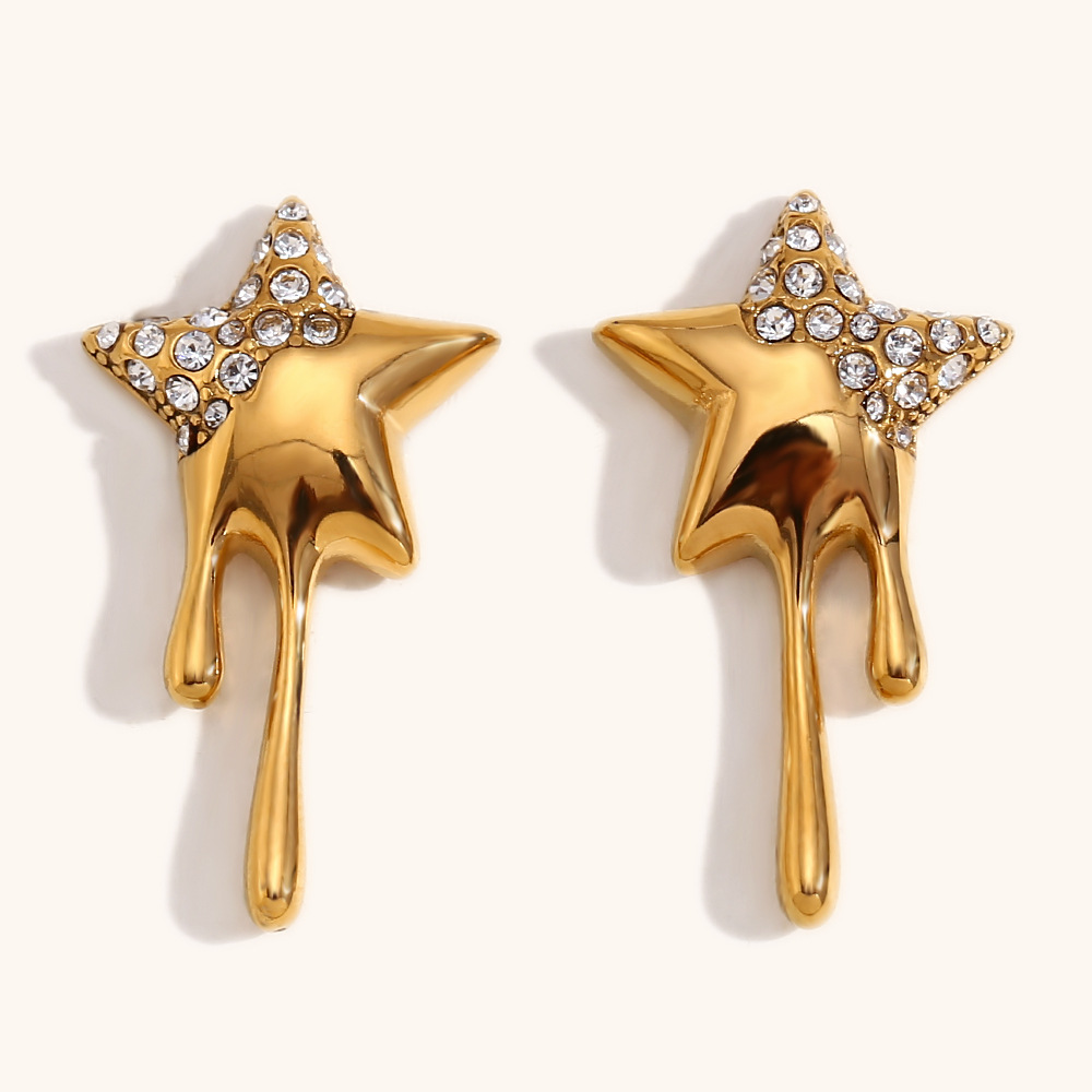 Diamond five-pointed star tassel stud earrings-gold-white diamond