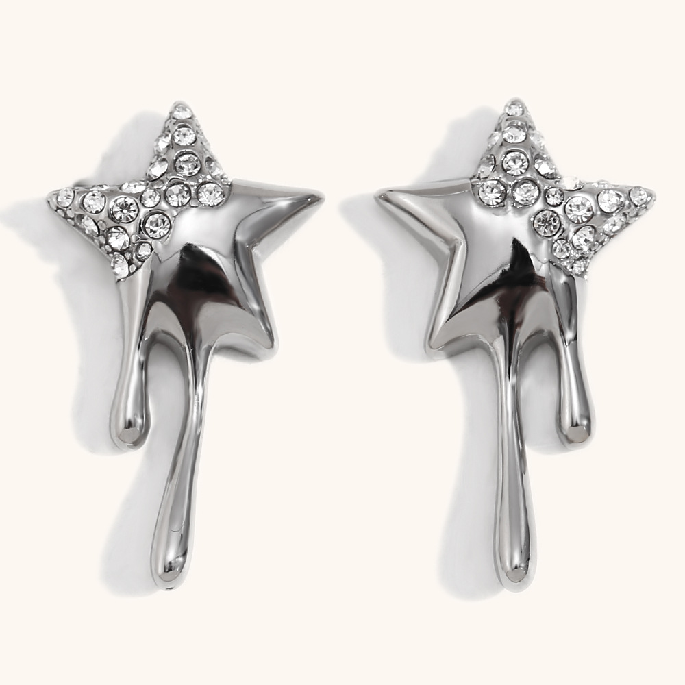 Point diamond pentagram tassel stud earrings-steel color-white diamond