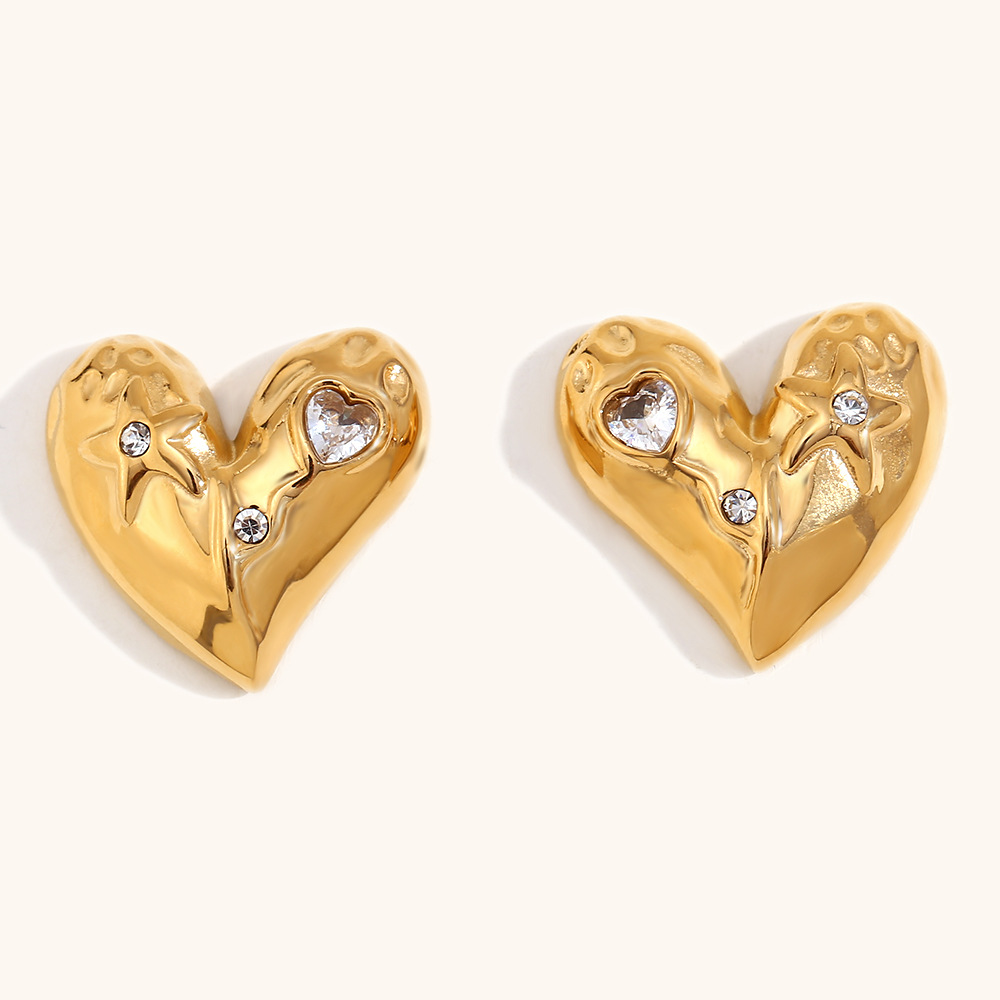 Geometric love stud earrings-gold-white diamond