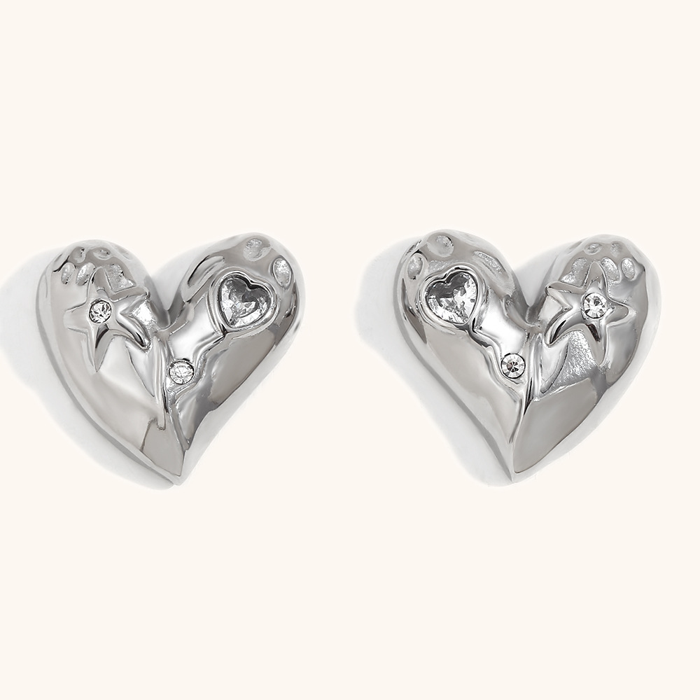 Geometric love stud earrings-steel color-white diamond