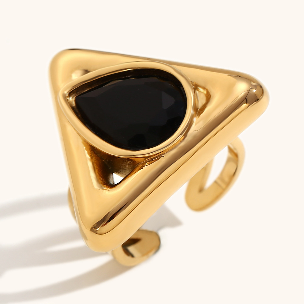 Triangular water drop diamond open ring-gold-black diamond