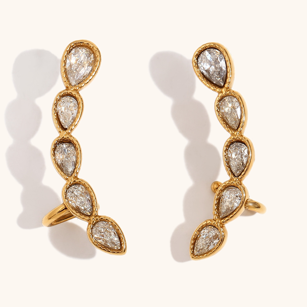 Water drop white diamond ear cuff earrings-gold