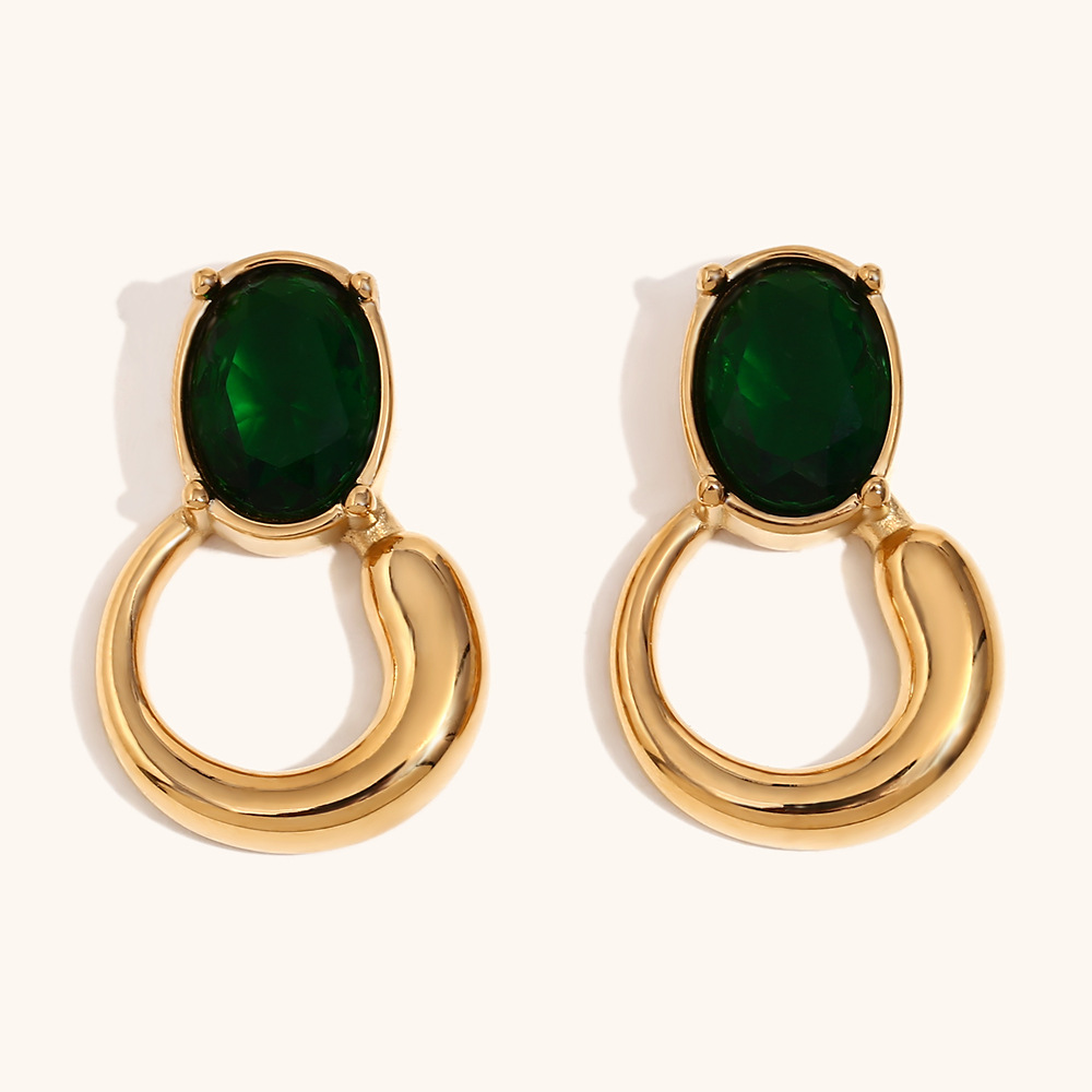 Green zirconium ring earrings-gold