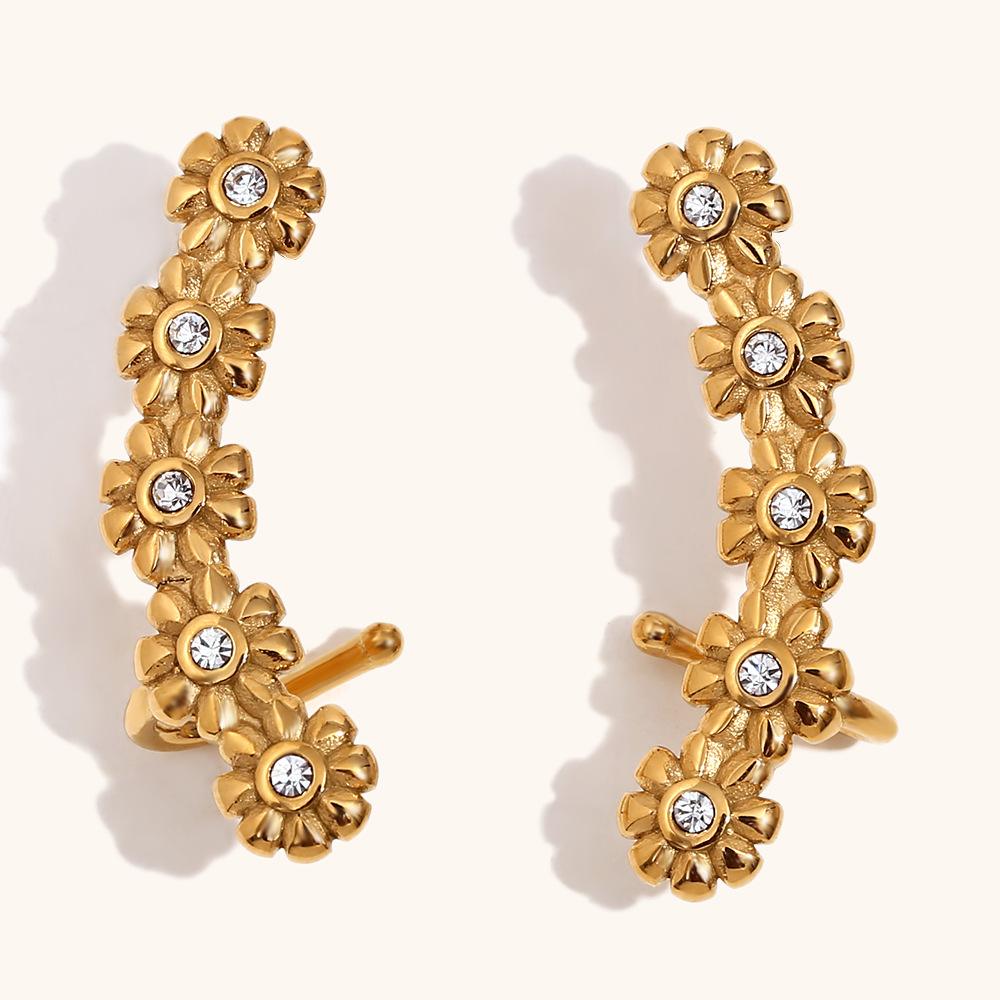 Small flower zircon ear cuff earrings-gold