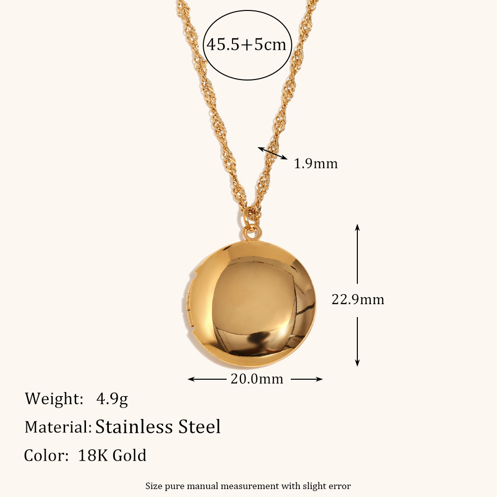 Round glossy photo box pendant necklace-gold