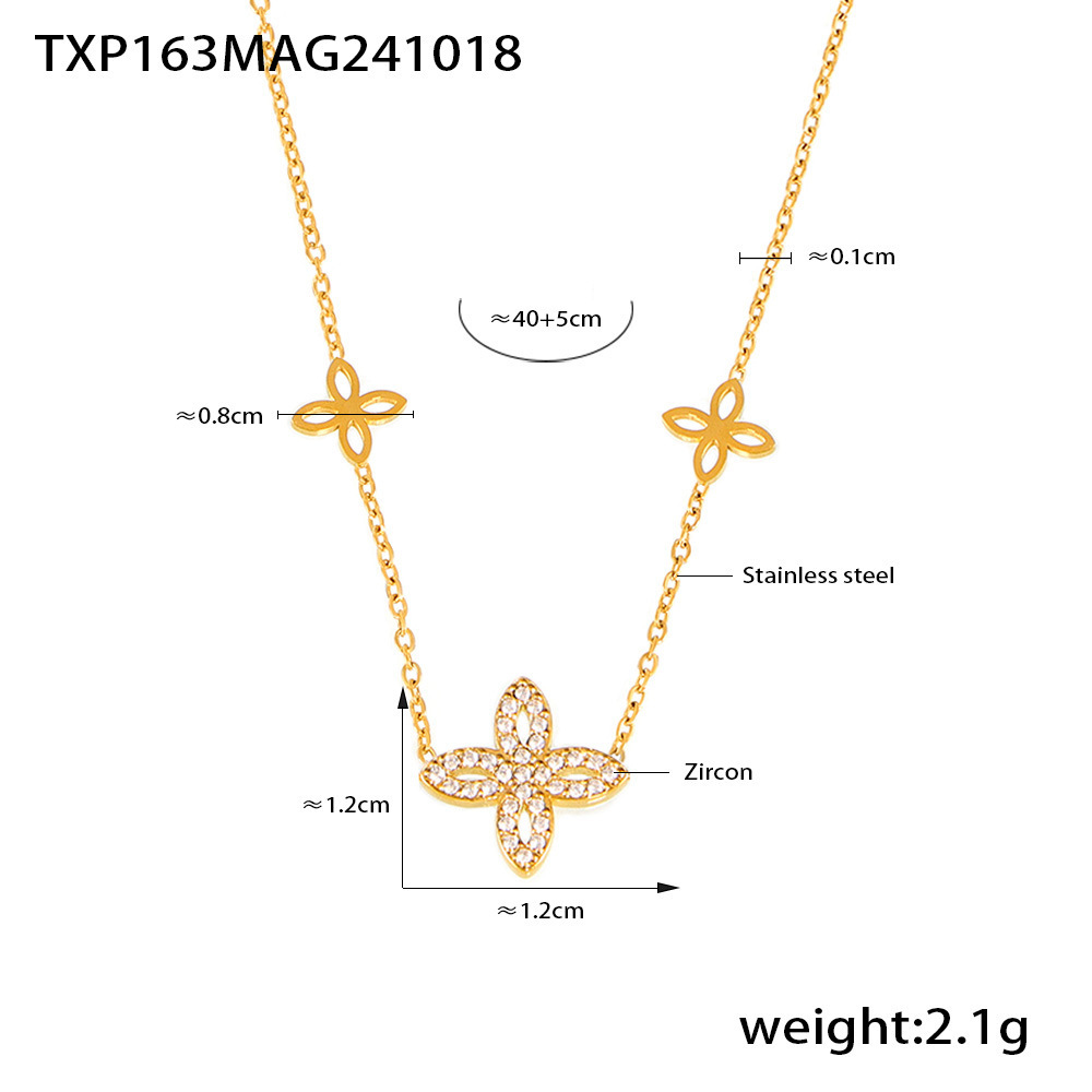 Txp163-gold four-leaf flower zirconia necklace