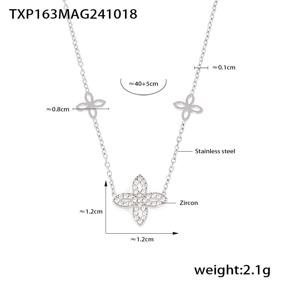 Txp163-steel color four-leaf flower zirconia necklace