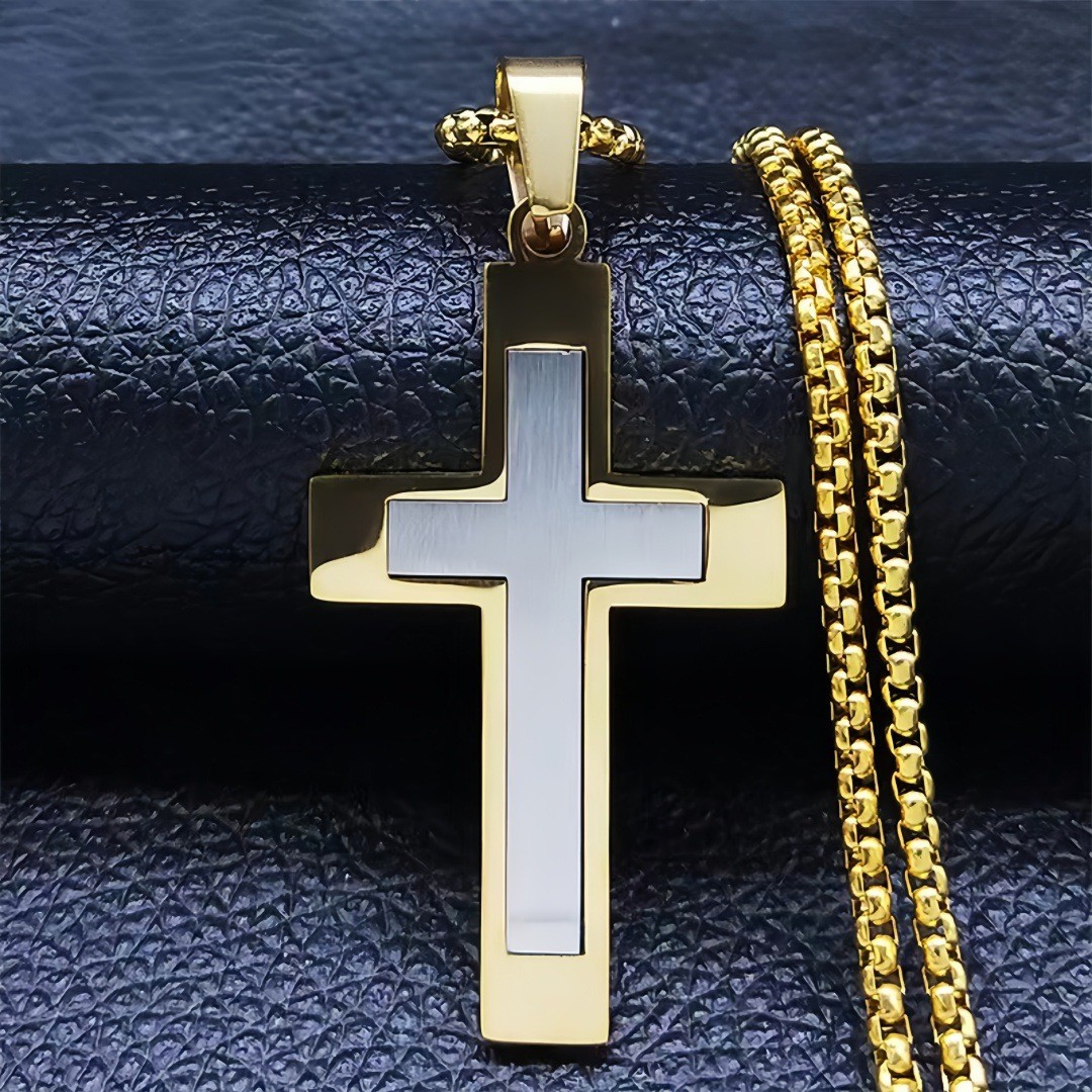 Color block cross gold necklace