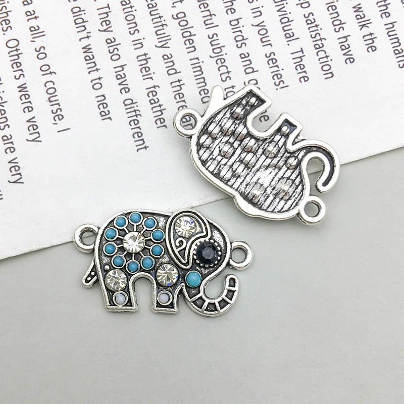 1 Antique silver double hole color white diamond elephant 22*13mm-1.5g-16666