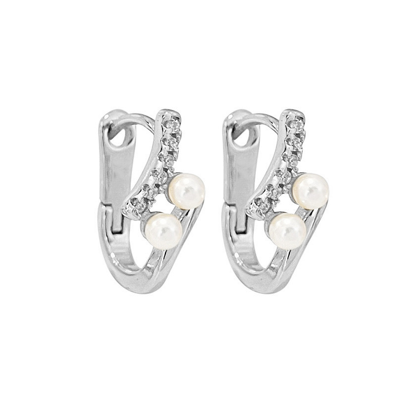 A pair of white gold h-shaped pearl zircon earrings