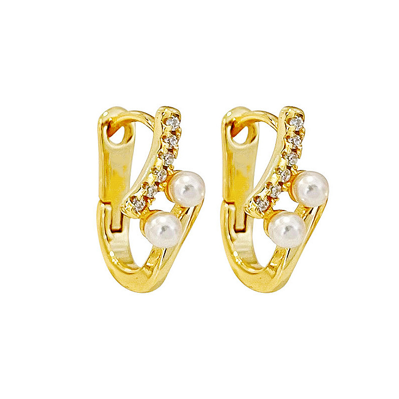 A pair of gold h-shaped pearl zircon earrings