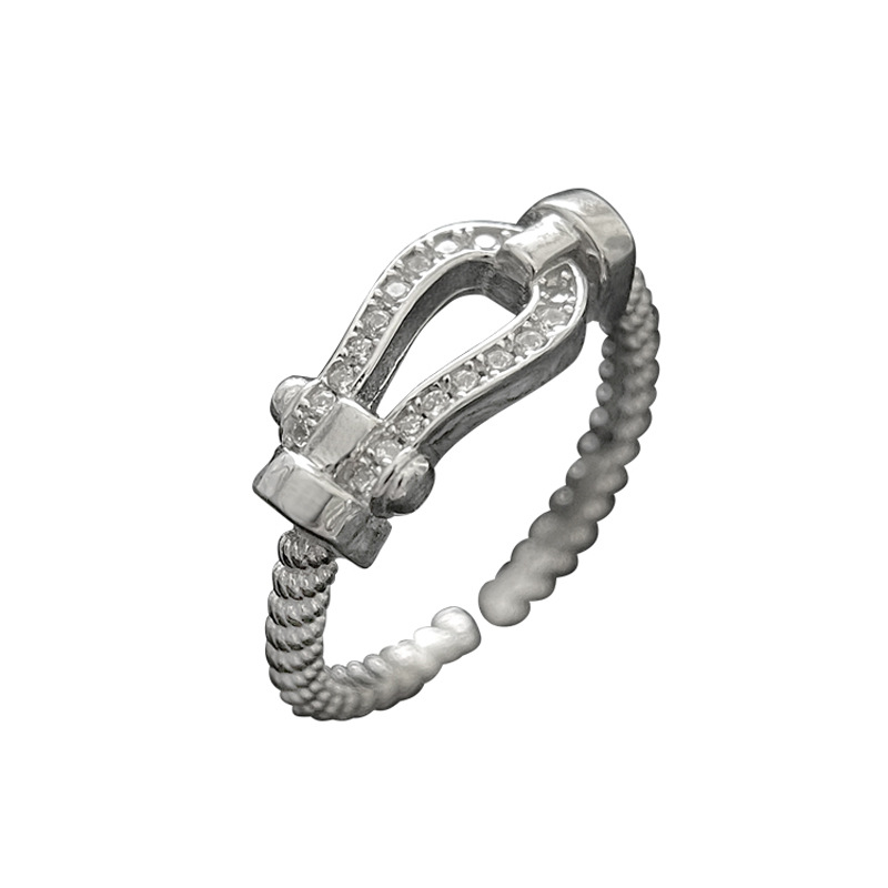 White gold horseshoe buckle zircon ring