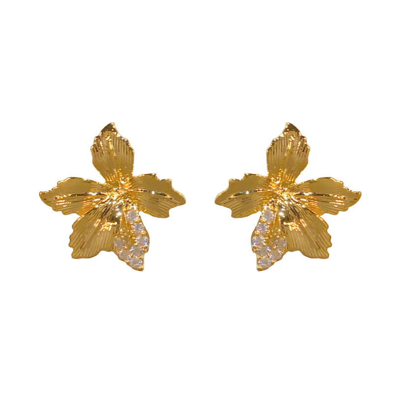 Gold-diamond metal flower earrings (thick real gold plating)