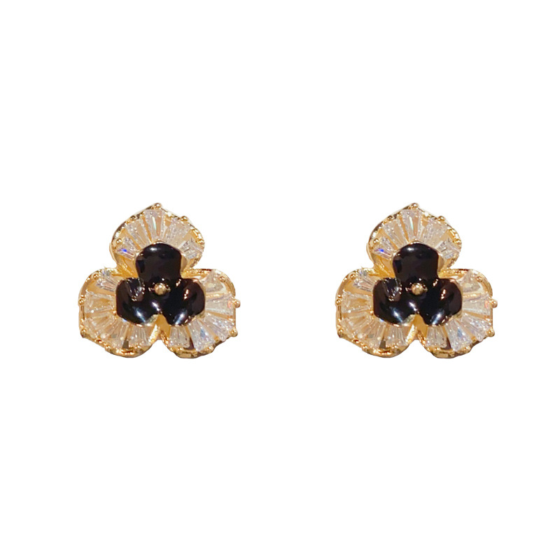 Black full diamond three-leaf flower earrings (thick real gold plating)