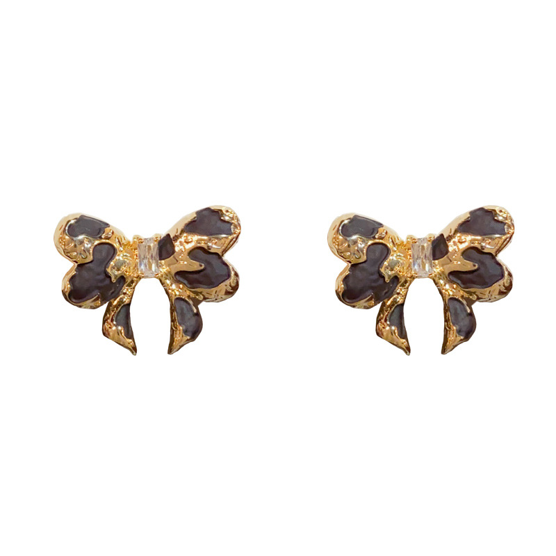 Gold-metal leopard print bow earrings (thick real gold plating)