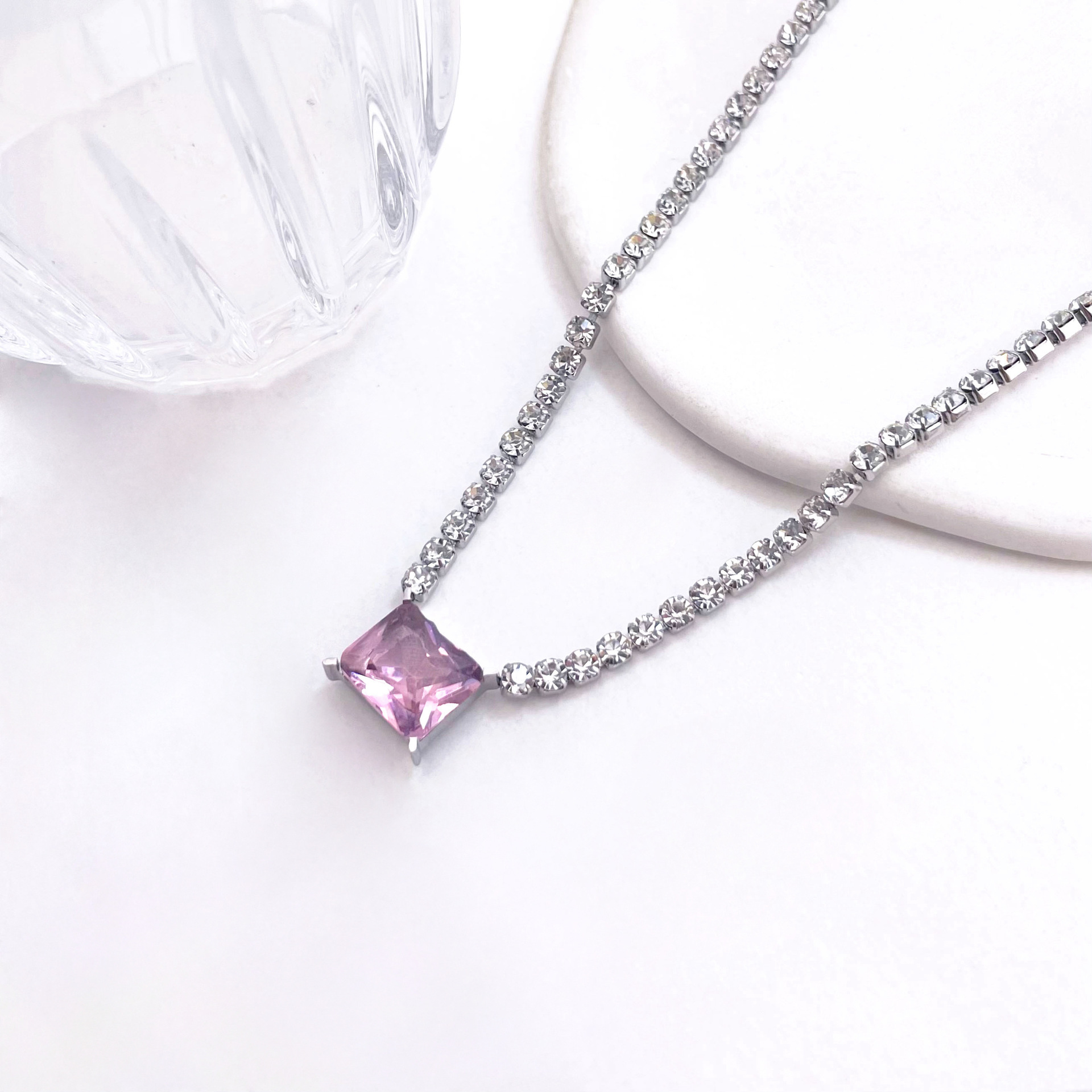 Square pink diamond necklace silver