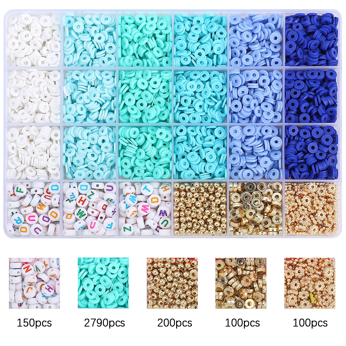 24 grids letter beads + accessories + gradient blue, about 3340pcs/box