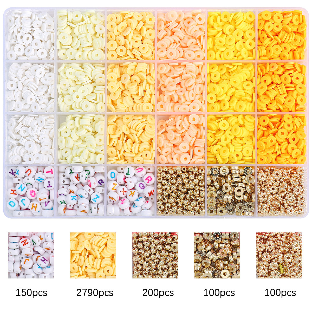 24 grids letter beads + accessories + gradient yellow, about 3340pcs/box