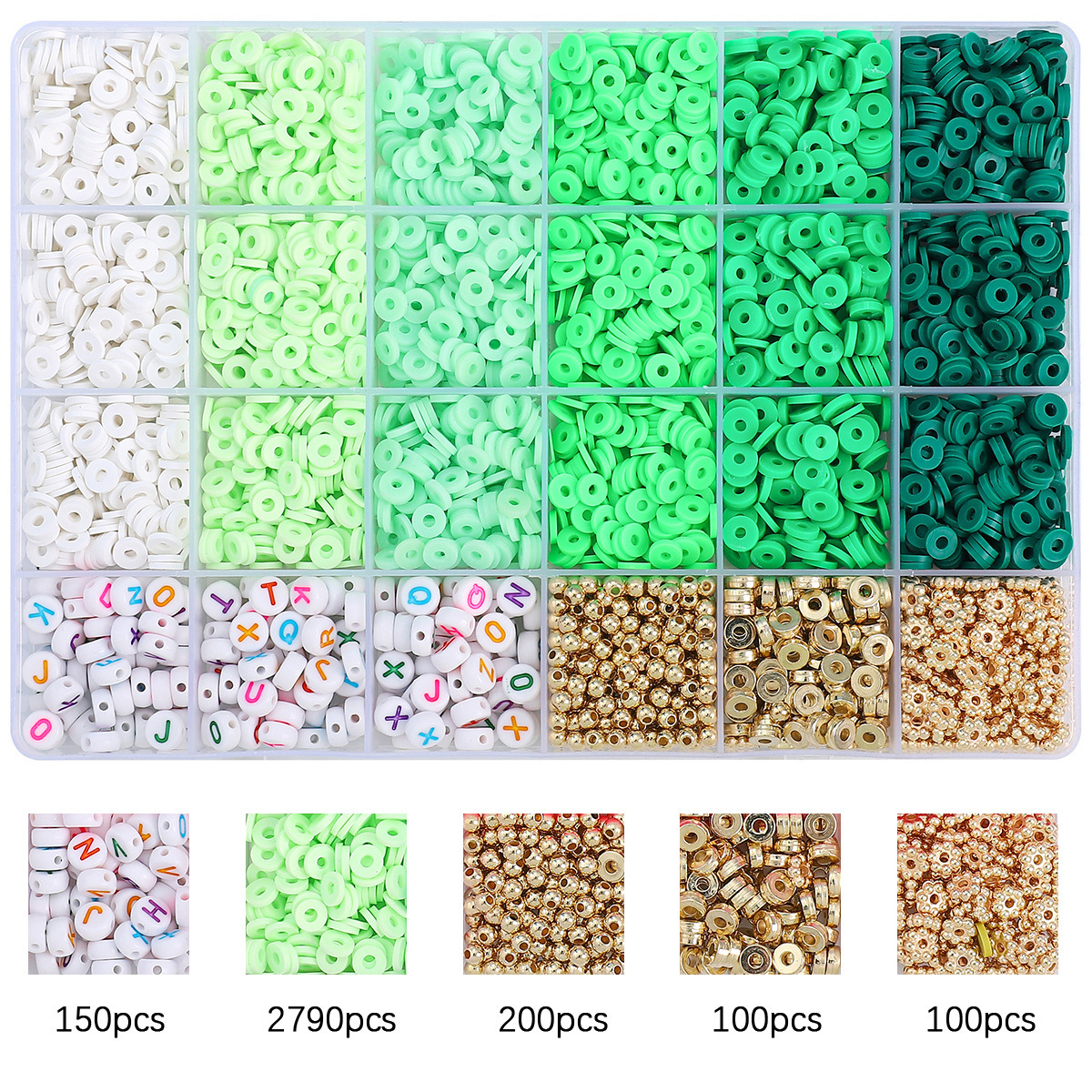 24 grids letter beads + accessories + gradient green, about 3340pcs/box