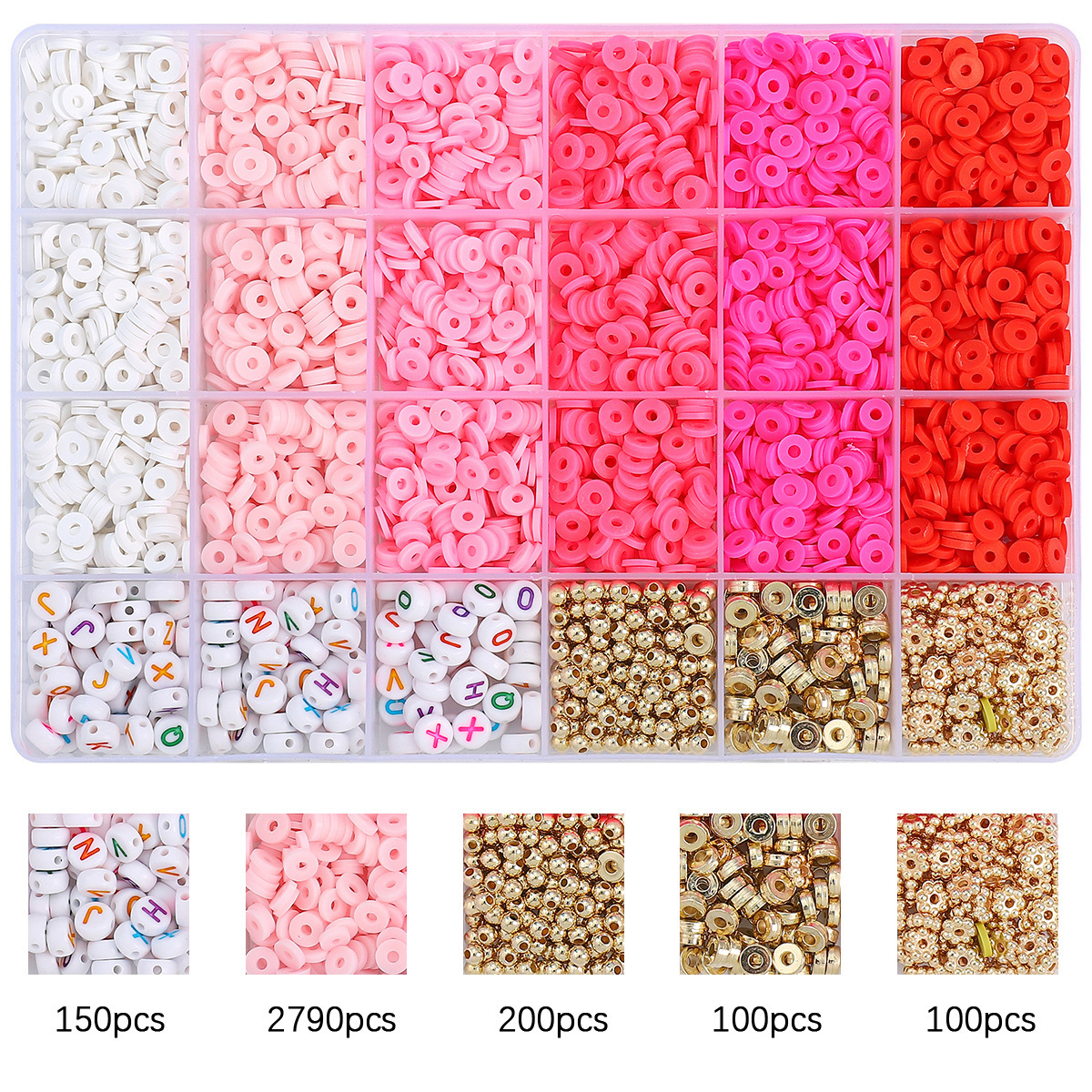 24 grids letter beads + accessories + gradient red, about 3340pcs/box