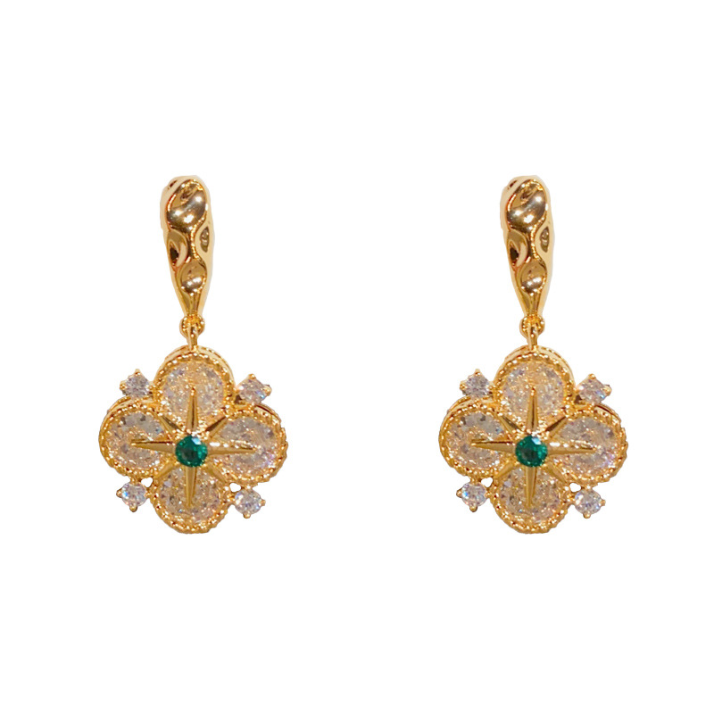 Gold-full diamond star four-leaf flower earrings (thick real gold plating)