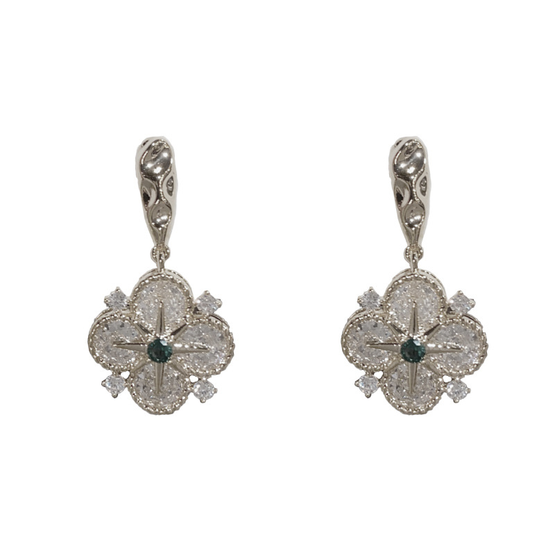 Silver-full diamond star four-leaf flower earrings (thick real gold plating)