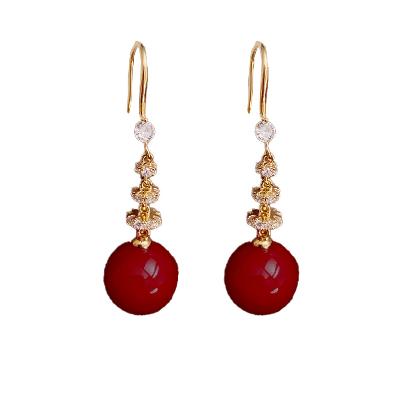 Red-long pearl ear hook (thick gold plating)