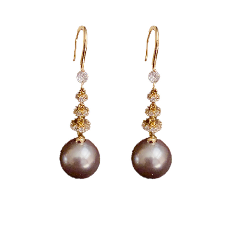 Gun Gray-long pearl ear hook (thick gold plating)