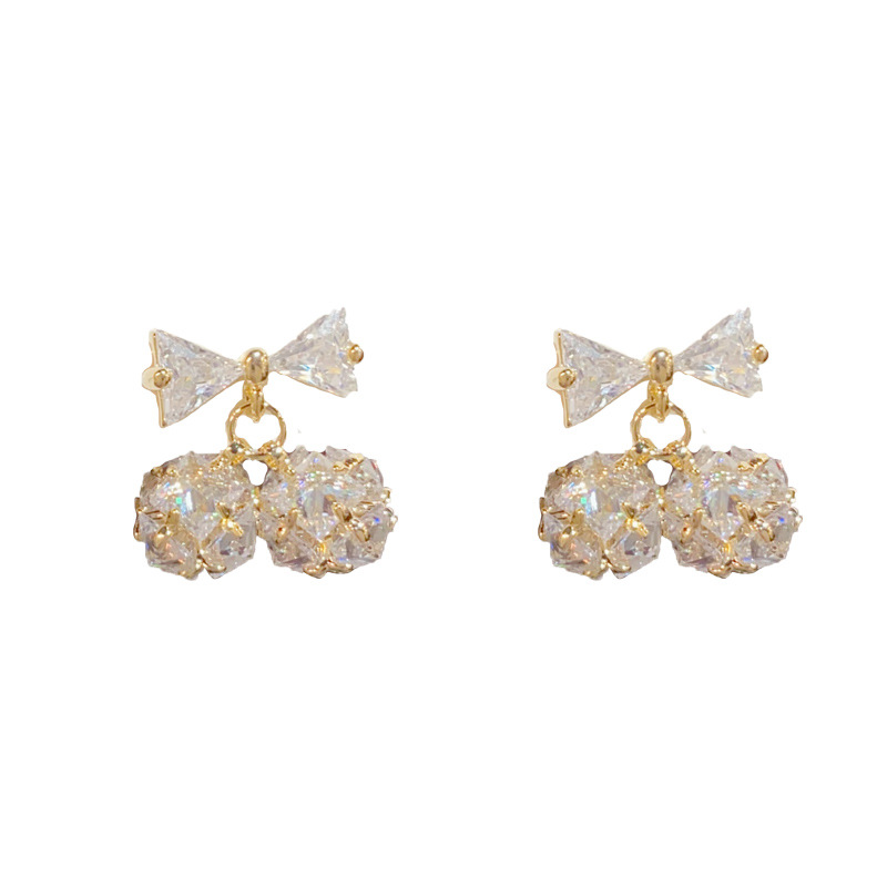 Gold-full diamond bow ball earrings (thick real gold plating)