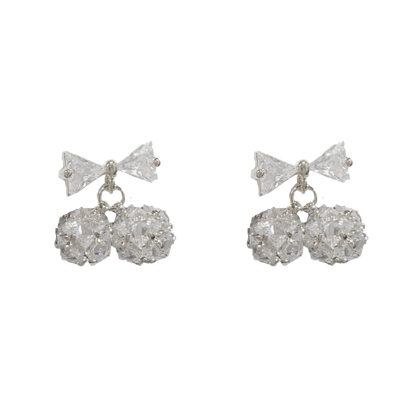 Silver-full diamond bow ball earrings (thick real gold plating)