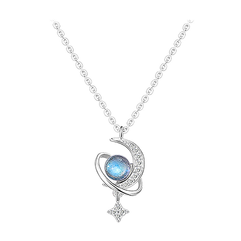 Moonstone Star Moon Necklace (White Gold)