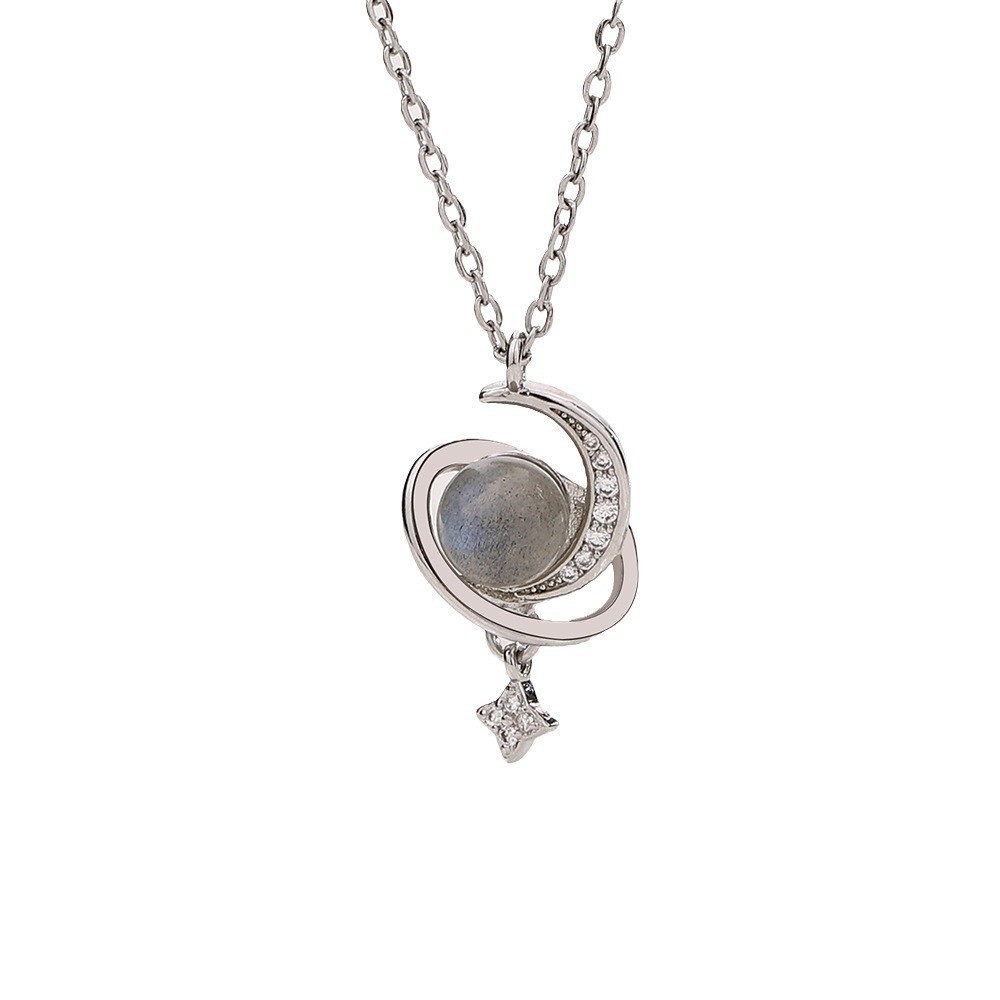 Grey Moonstone Star Moon Necklace (White Gold)