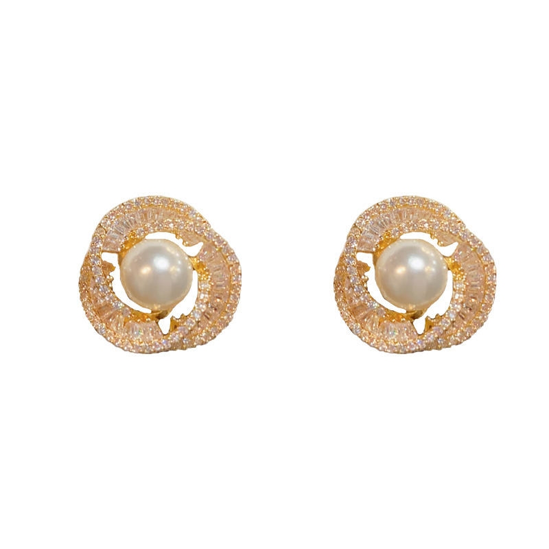 Gold-full diamond pearl spiral earrings (thick real gold plating)