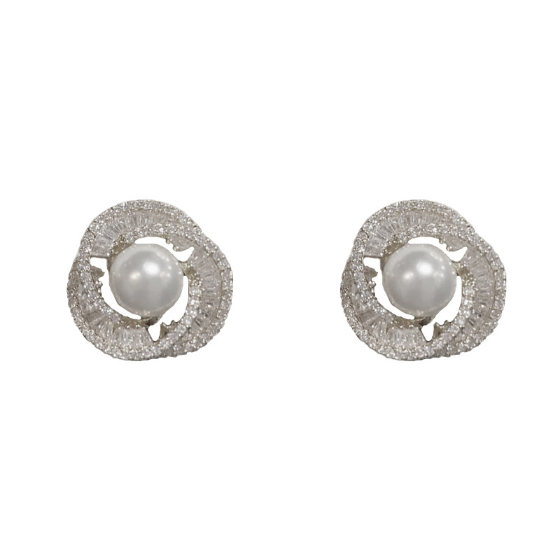 Silver-full diamond pearl spiral earrings (thick real gold plating)