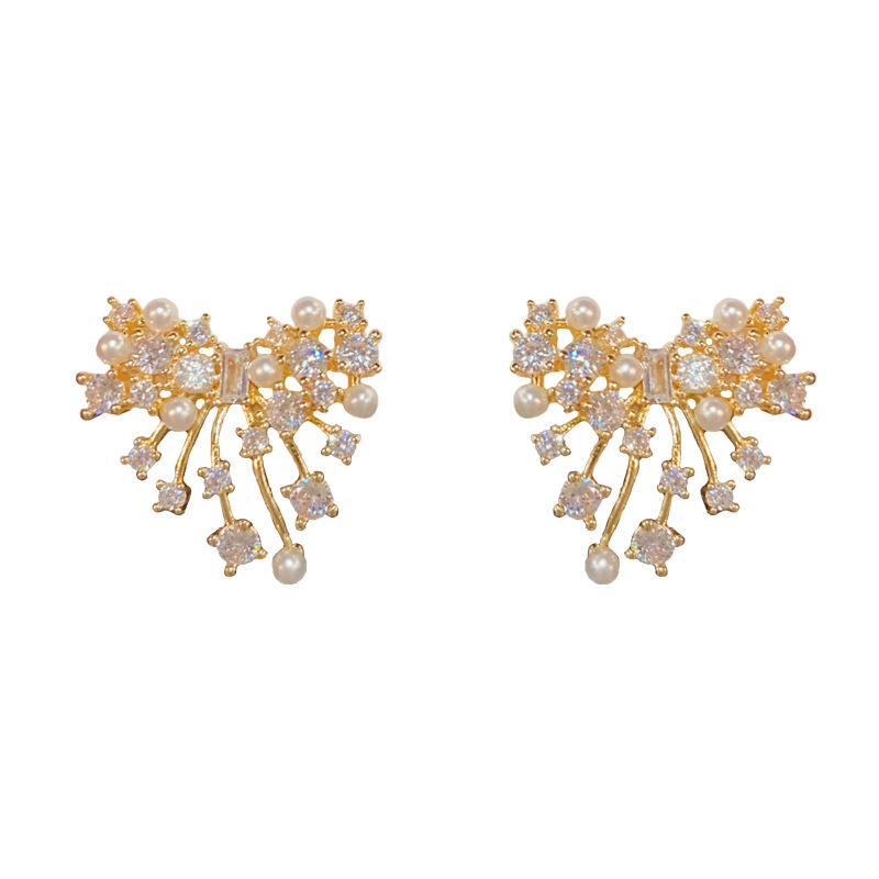 Gold-irregular zircon pearl bow stud earrings (thick real gold plating)