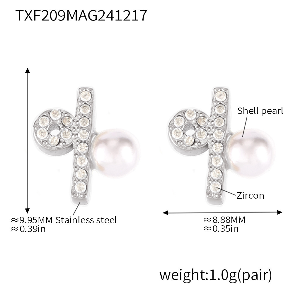 Txf209-steel color imitation pearl zircon earrings