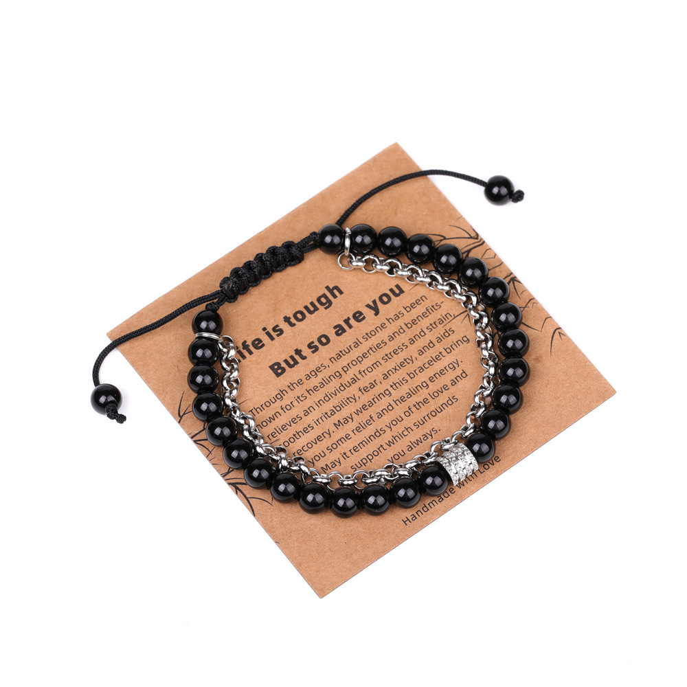 XH080A09 bright black stone chain 6mm woven bracelet (with card)