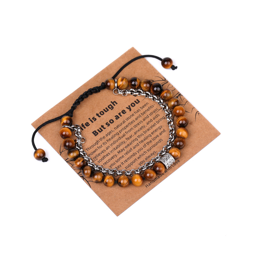 XH080A12 tiger eye stone chain 6mm woven bracelet (with card)