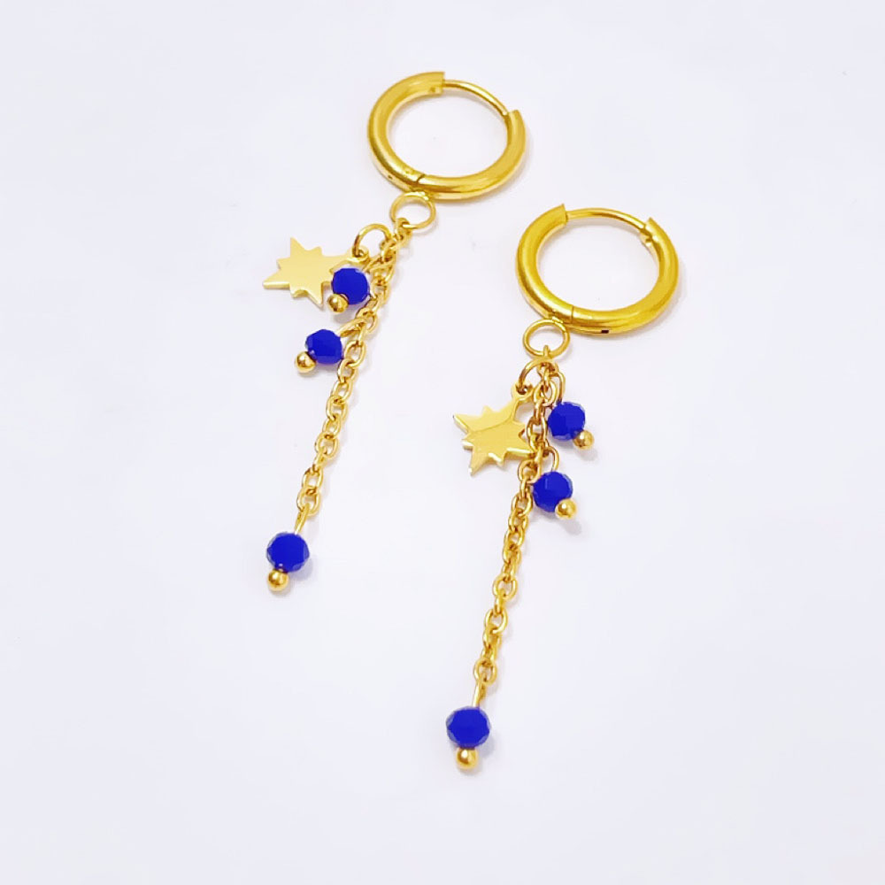 Stars Hanging Blue Bead Earrings Gold