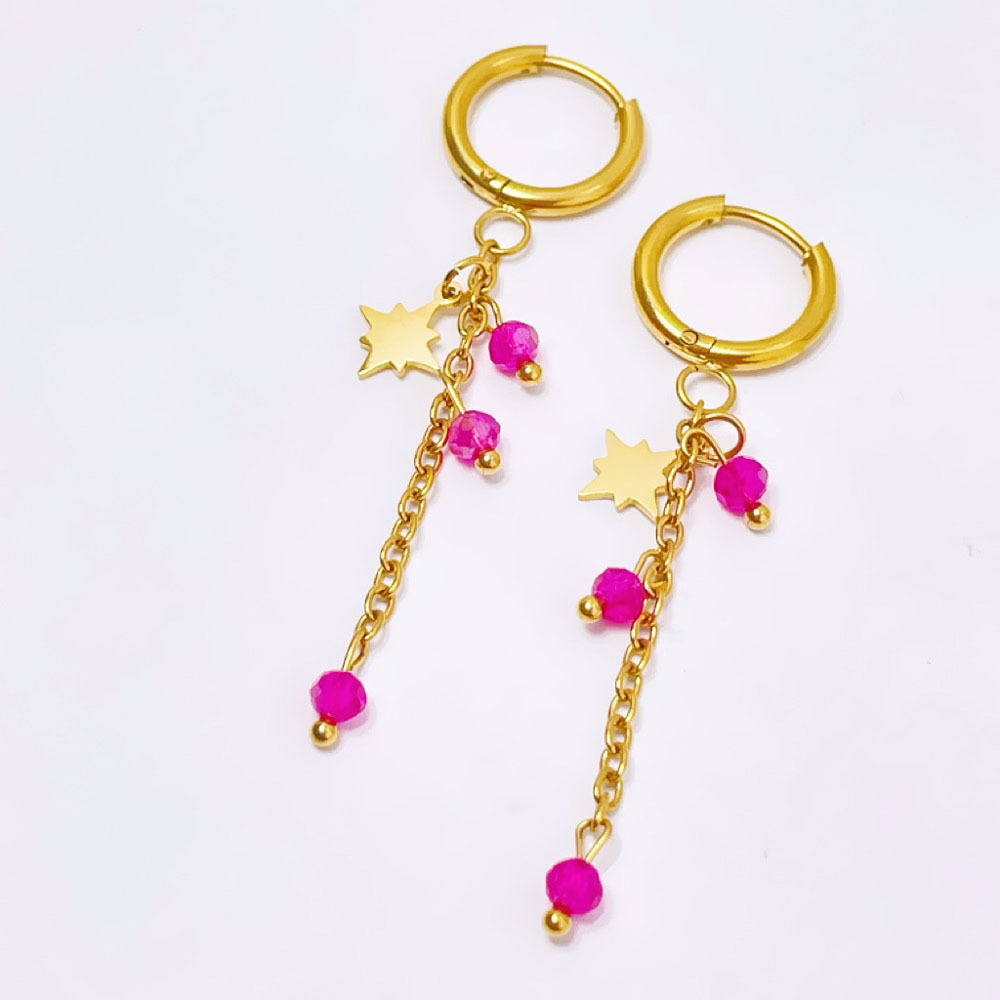 Star Danger Pink Bead Earrings Gold