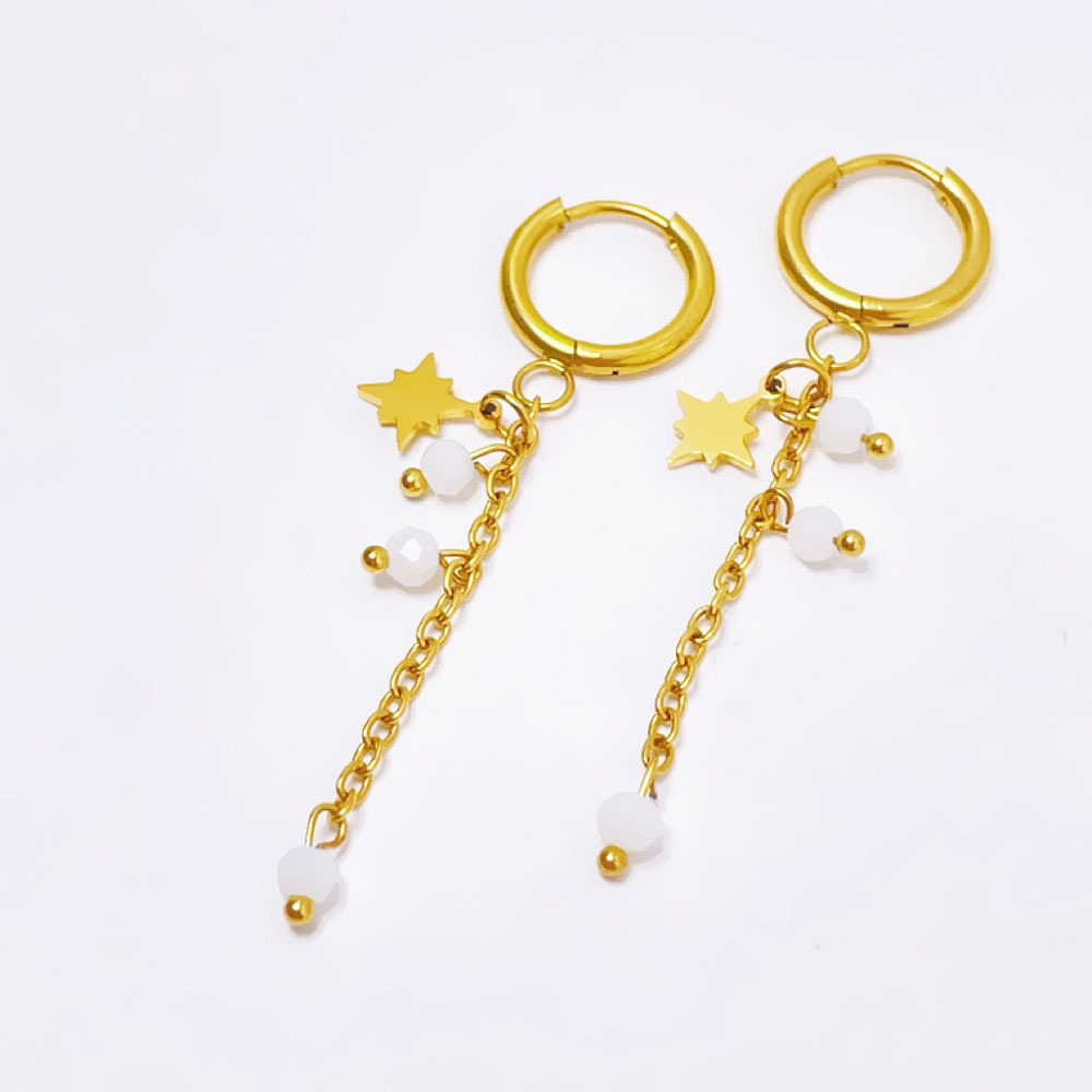 Star Hanging White Bead Earrings Gold