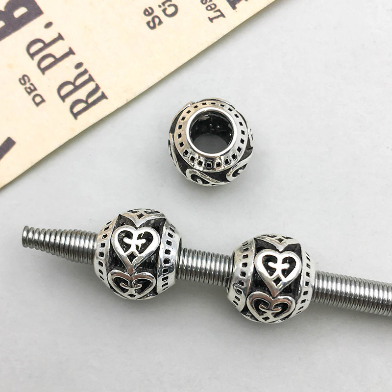 1 antique silver hollow heart Big Hole beads 9*11mm-1.3g-16633