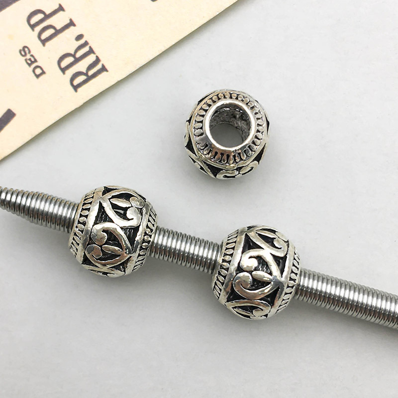 1 antique silver hollow love big hole bead 9*11mm-1.8g-16479