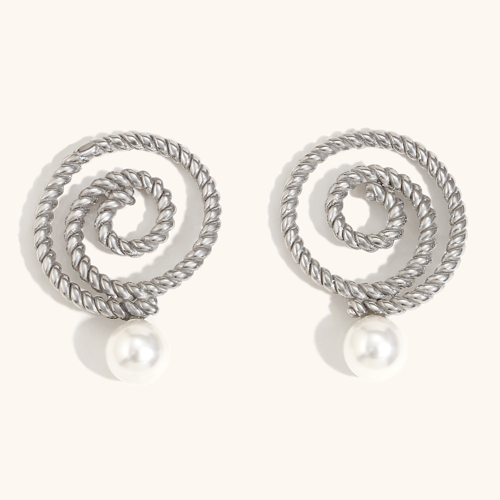 Twist hoop pearl earrings-steel color