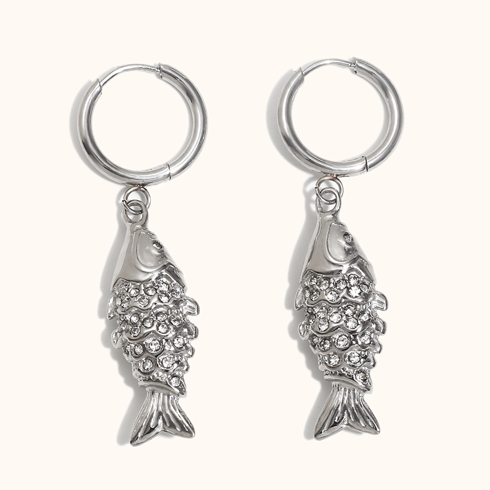 Full diamond koi pendant earrings-steel color