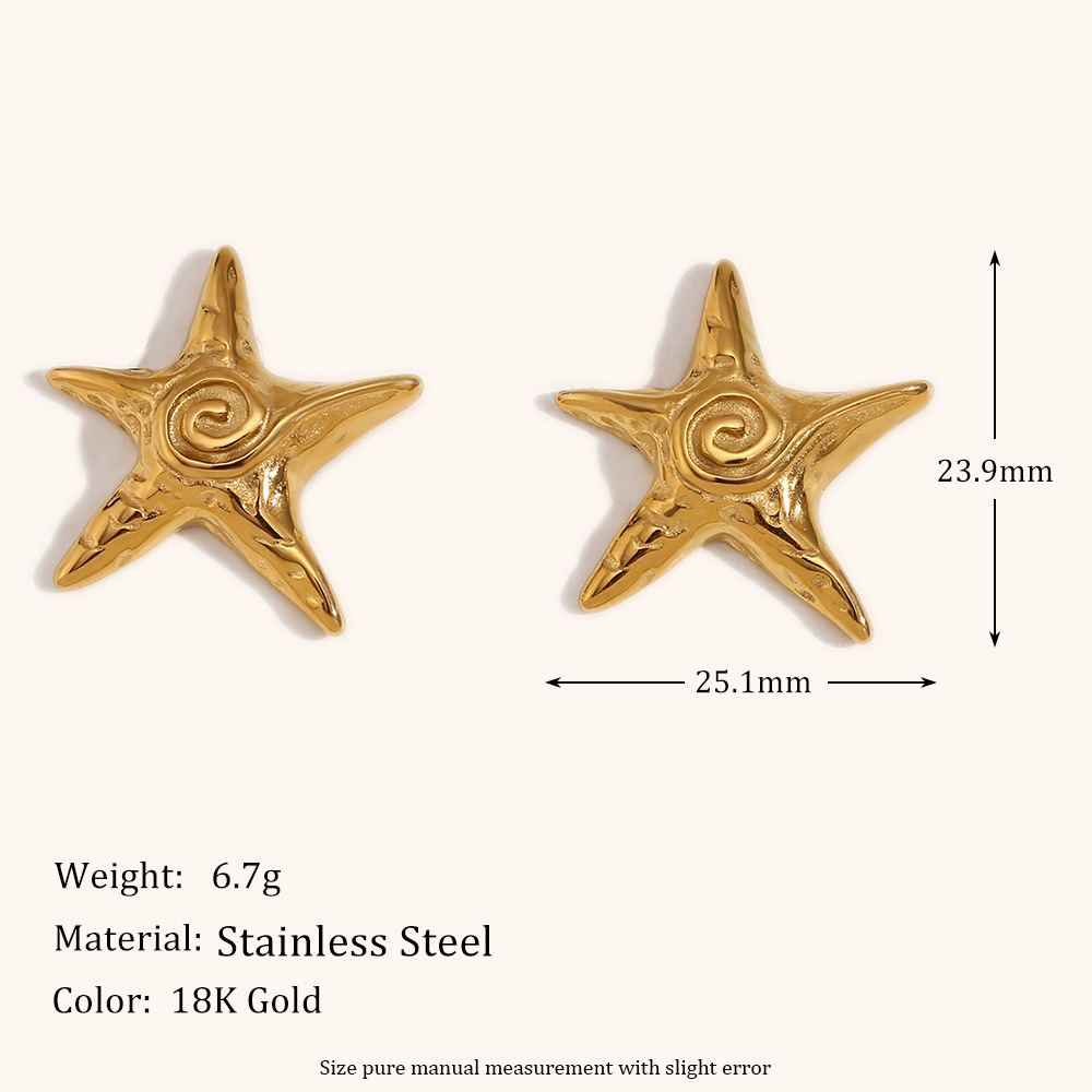 Swirl hammer patterned five-pointed star earrings-gold