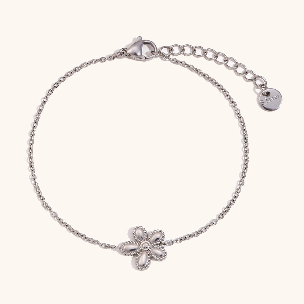 Fine Snake Chain Flower Bracelet-Steel Color